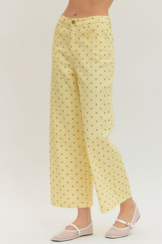 Polka dot wide leg pants featuring button and zip-fly closure at front. Side pockets. Back patch pockets. Unlined. Woven. Non-sheer. Lightweight.
Fabric Content