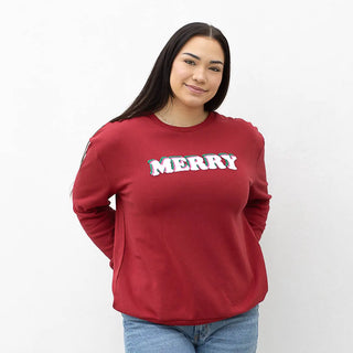 Red sweatshirt with Chenille merry lettering.