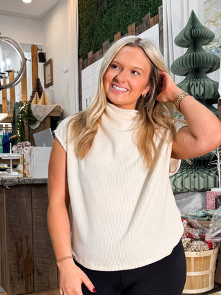 Mock Neck Rib Textured Solid Knit Top - High neck - Short sleeve - Dropped shoulder - Loose fit