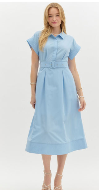 Solid stitch detailed short wing sleeve button front midi dress featuring adjustable fabric belt with buckle closure. Lined. Woven. Non-sheer. Lightweight.