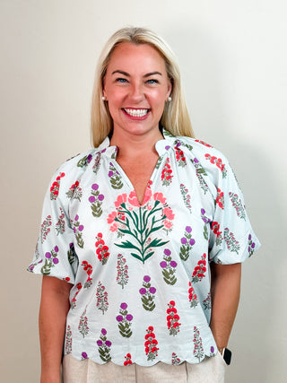 Mint Green Blouse with Floral Pattern, Scalloped Hem Split Neckline, and Puff Sleeves