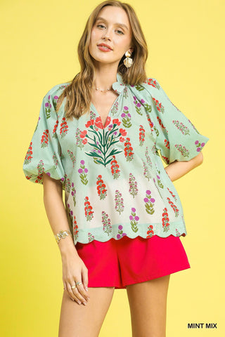 Mint Green Blouse with Floral Pattern, Scalloped Hem Split Neckline, and Puff Sleeves