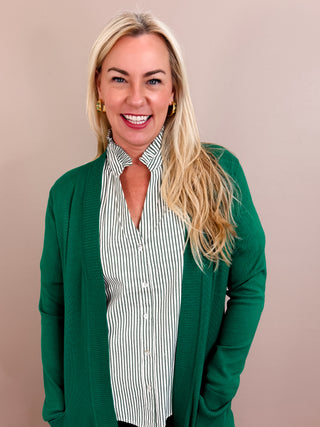 Green Long Sleeve Rib Banded Open Tunic Sweater Cardigan