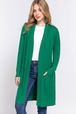 Green Long Sleeve Rib Banded Open Tunic Sweater Cardigan