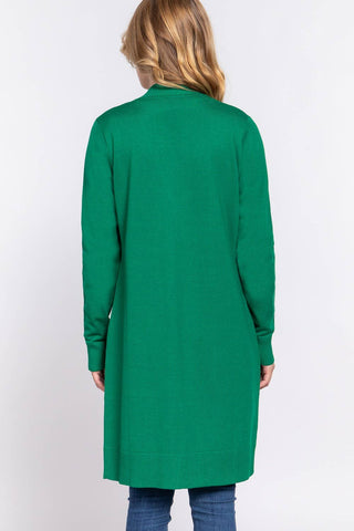 Green Long Sleeve Rib Banded Open Tunic Sweater Cardigan