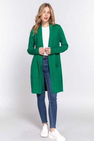 Green Long Sleeve Rib Banded Open Tunic Sweater Cardigan
