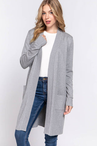 Grey Long Sleeve Rib Banded Open Tunic Sweater Cardigan