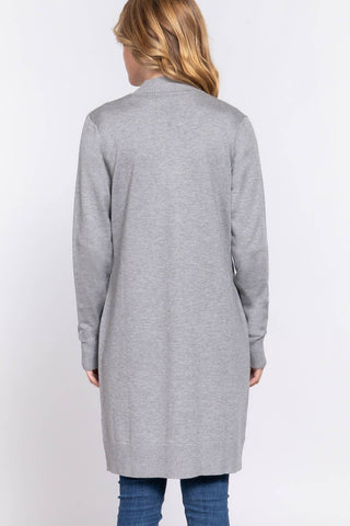 Grey Long Sleeve Rib Banded Open Tunic Sweater Cardigan