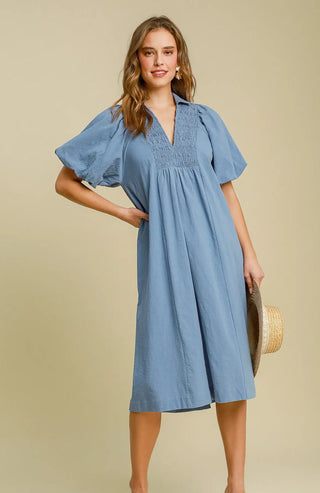 Light Blue Smocked Front Yoke Midi Dress with Deep V-Neck with Collar, Smocked Bodice, and Lined Puff Sleeves
