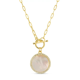 Splendid Iris Gold Mother of Pearl Pave Circle Toggle Necklace