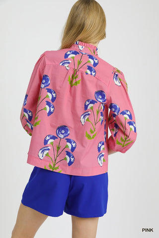Pink Floral Blouse with 3/4 Puff Sleeve, Split Neckline with Tie Detail, and Large Blue Floral Pattern