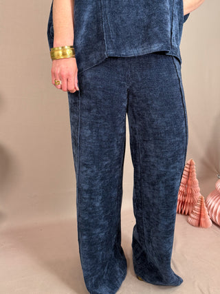 Navy Soft Knit Wide Leg Pants with Elastic Waistband
