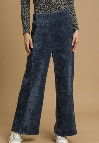 Navy Soft Knit Wide Leg Pants with Elastic Waistband