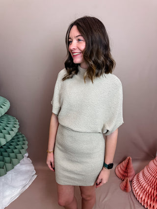 OATMEAL MOCK NECK DOLMAN SLEEVED KNIT SWEATER MINI DRESS