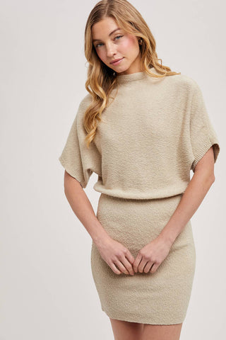OATMEAL MOCK NECK DOLMAN SLEEVED KNIT SWEATER MINI DRESS