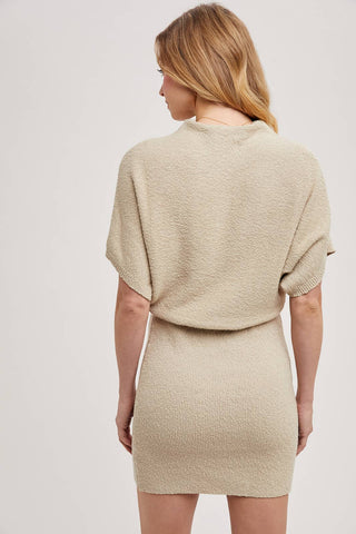 OATMEAL MOCK NECK DOLMAN SLEEVED KNIT SWEATER MINI DRESS