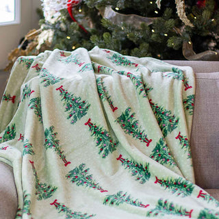 Green Throw Blanket with Green Watercolor Christmas Trees and Red Bow