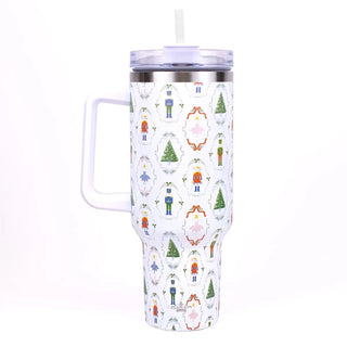 White 40 oz tumbler with nutcracker walt christmas design.