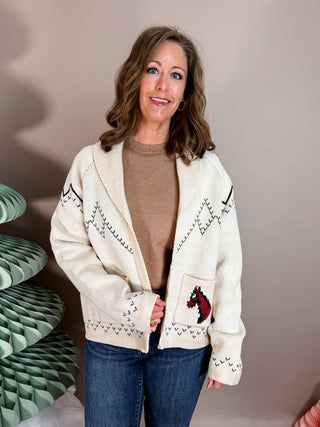 HORSE KNIT SWEATER CARDIGAN&nbsp; WITH SHAWL COLLAR AND FRONT PATCH POCKETS - RELAXED FIT
