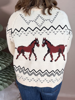 HORSE KNIT SWEATER CARDIGAN&nbsp; WITH SHAWL COLLAR AND FRONT PATCH POCKETS - RELAXED FIT