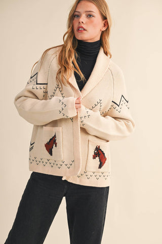 HORSE KNIT SWEATER CARDIGAN&nbsp; WITH SHAWL COLLAR AND FRONT PATCH POCKETS - RELAXED FIT