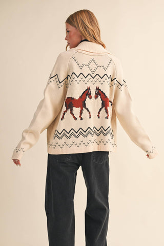 HORSE KNIT SWEATER CARDIGAN&nbsp; WITH SHAWL COLLAR AND FRONT PATCH POCKETS - RELAXED FIT