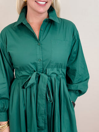 Green Cotton Mini Dress with Adjustable Tie Waist, Collar, Button Closure, and Pockets
