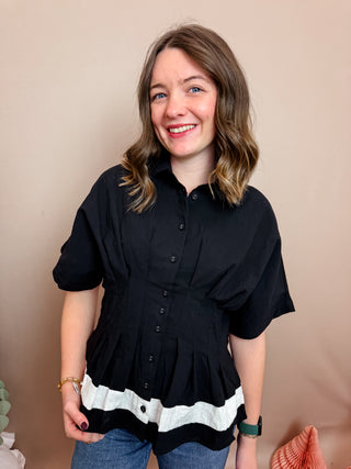 Black and White Colorblocked Button Down Top with Pleated Details