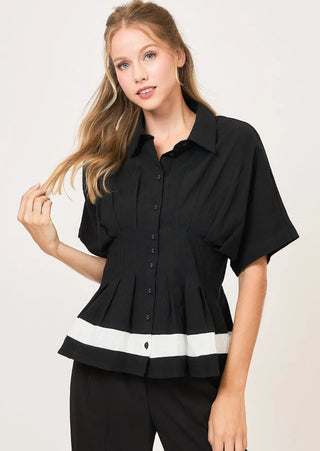 Black and White Colorblocked Button Down Top with Pleated Details