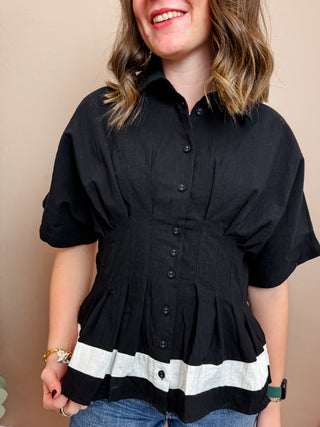 Black and White Colorblocked Button Down Top with Pleated Details
