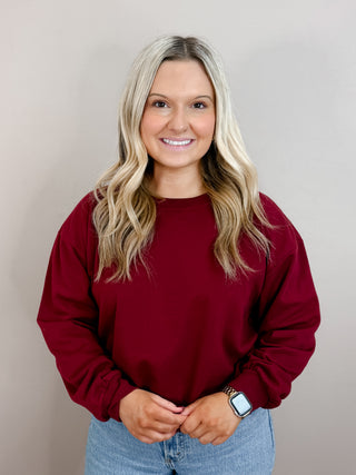 Burgundy Long Sleeve Round Neck Crop SweatShirt