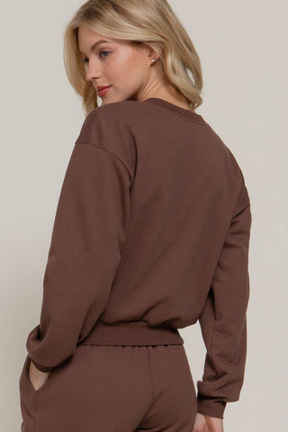 Brown Long Sleeve Round Neck Crop SweatShirt