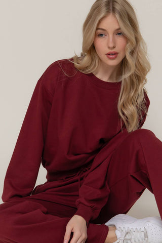 Burgundy Long Sleeve Round Neck Crop SweatShirt