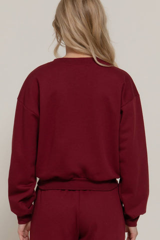 Burgundy Long Sleeve Round Neck Crop SweatShirt