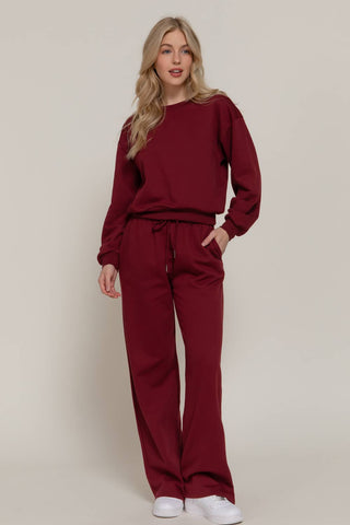 Burgundy Long Sleeve Round Neck Crop SweatShirt