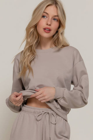 Taupe Long Sleeve Round Neck Crop SweatShirt