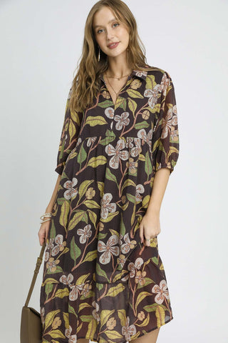 Brown Midi Dress with Yellow and Green Floral Pattern, Tiered Silhouette, V-Neck, and 3/4 Sleeves