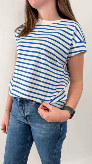 Blue and White Striped Crewneck T-Shirt