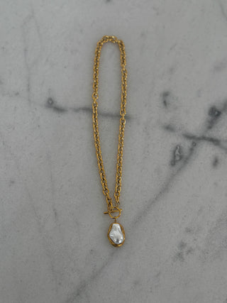 Gold Link Pearl Drop Necklace with Toggle Closure