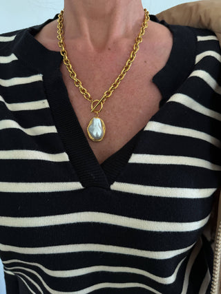 Gold Link Pearl Drop Necklace with Toggle Closure
