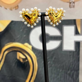 Gold Heart Stud Earrings with Pearl Embellishments 