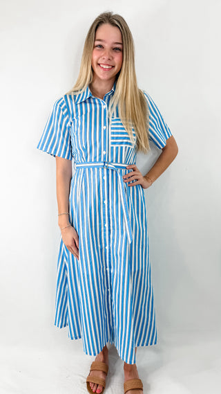 Blue and White Striped Maxi Dress with Adjustable Belt Waist, Collar, and Front Button Closure. 