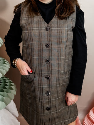 Mini Plaid Dress with Front Pockets, Full Button Down Front, and V-Neckline