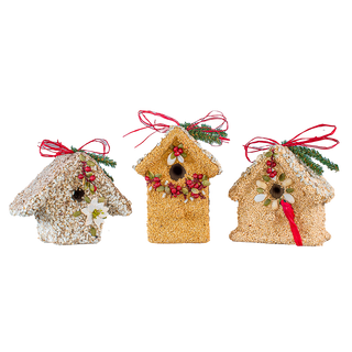 Three decorative birdhouse shaped feeders with festive decorations on a white background