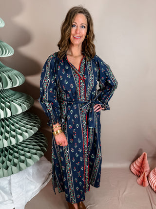 Navy Mix Floral Stripe Maxi Dress with Self-Tie Belt, Split Neck, Stand Collar, Long Sleeves, Full Button-Down Front and Contrast Piping