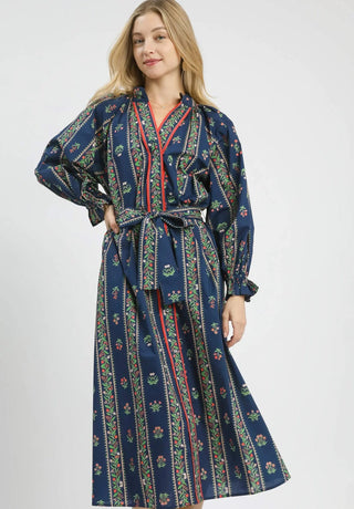 Navy Mix Floral Stripe Maxi Dress with Self-Tie Belt, Split Neck, Stand Collar, Long Sleeves, Full Button-Down Front and Contrast Piping