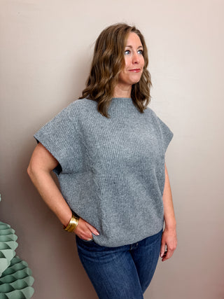 Grey Lightweight Mock Neck Sweater Vest with Subtle Cable Knit Details, Straight Hem, Relaxed Silhouette, and Short Dolman Sleeves