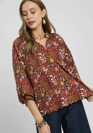Burgundy Floral Print Scallop Hem Blouse with V-Neckline, Ruffle Collar Detail, and 3/4 Puff Sleeves