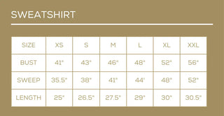 Sweatshirt size chart with measurements on a beige background