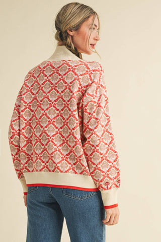  FLORAL MOCK NECK HALF ZIP PULLOVER WITH A RELAXED FIT, HALF ZIP, AND RIBBED NECKLINE AND CUFFS